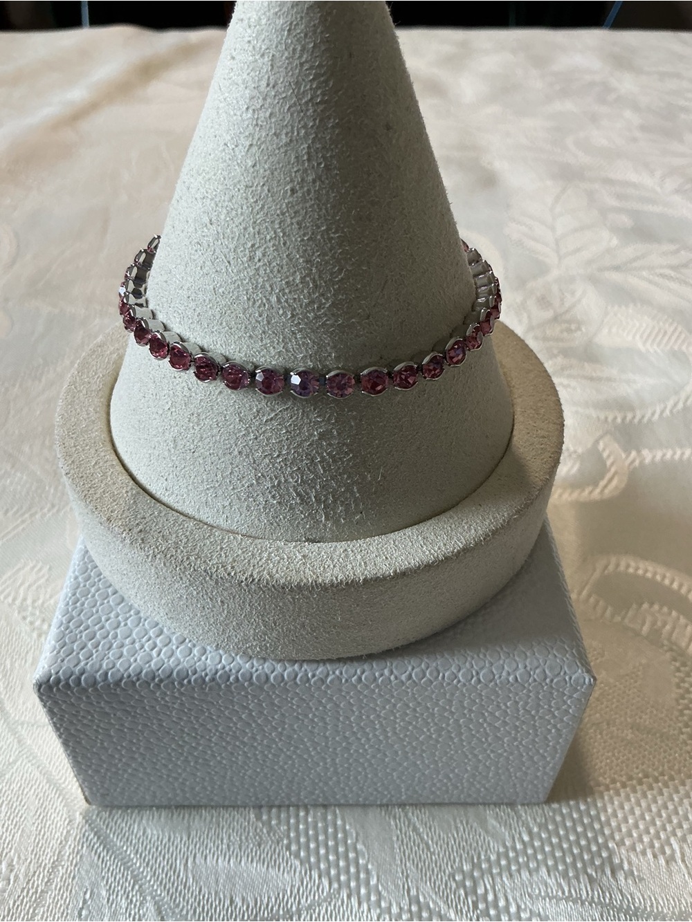 Pink Faceted Delicate Rhinestone Silver Tone Tennis Bracelet